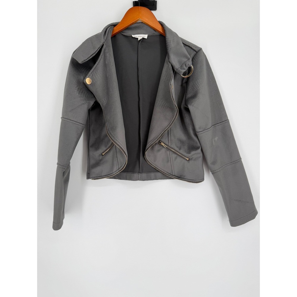 Blu Pepper Womens Moto Jacket Large Gray Faux Suede Snakeskin Biker Edgy